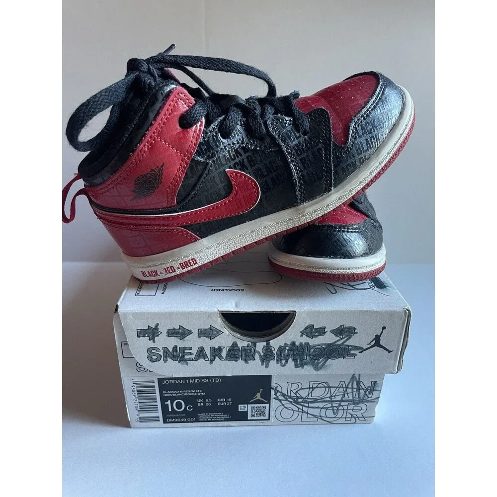 Nike Air Jordan 1 Mid Bred Black Red Toddler Size 10C Kids Sneakers Shoes